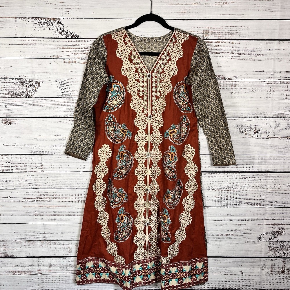Indian Kurthi Kurti Top Size Small Long Burnt Orange Red Embroidered Ornate